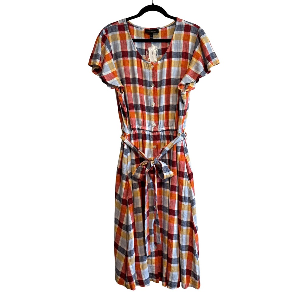 Lane Bryant Plaid Linen Blend Midi Dress Tie Waist Button Front NWT Size 18 - Picture 5 of 14